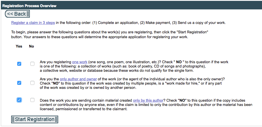 After you click "Register New Claim," the US Copyright office will ask you questions about copyrighting your book.
